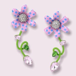 Betsey Johnson Polka Dot Flower Vine Crystal Drop Earrings NWOT